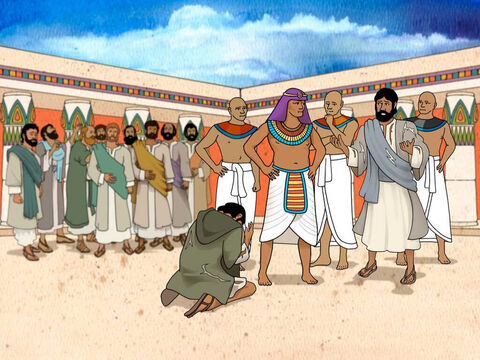 Juda i pozostali bracia padli przed Józefem na ziemię. „Jak mogliście dopuścić się czegoś takiego?” – zarzucił im Józef. Wtedy Juda odpowiedział mu: „Cóż my możemy teraz powiedzieć naszemu panu? Jak się usprawiedliwić?  Sam Bóg ujawnił naszą winę. Oto jesteśmy twoimi  niewolnikami – my  wszyscy, a nie tylko ten,  u którego został znaleziony puchar”. – Slajd 10