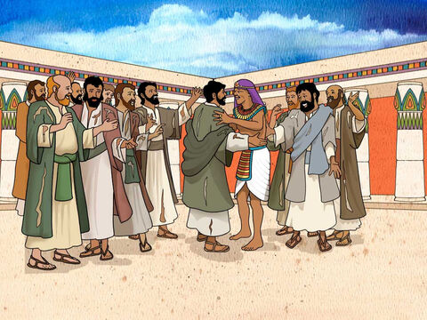 Wtedy Józef nie mógł się już opanować, powiedział swoim braciom kim jest i wybuchnął donośnym płaczem. „Ja jestem Józef, wasz brat, którego sprzedaliście do Egiptu. Nie smućcie się i nie róbcie sobie wyrzutów, że mnie tu  sprzedaliście. To Bóg wysłał mnie tutaj przed wami, aby was uratować przed śmiercią”. Potem Józef rzucił się na szyję Beniaminowi i płakał. – Slajd 12