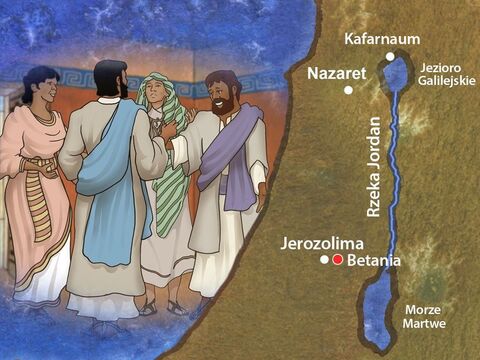 Niedaleko Jerozolimy, w wiosce zwanej Betania, mieszkało rodzeństwo: Maria, Marta i Łazarz. Przyjęli oni Jezusa do swojego domu, a Pan bardzo mocno kochał każdego z nich. – Slajd 1