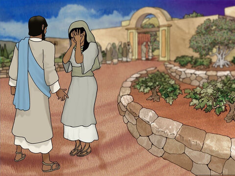 W Betanii było wielu Żydów z Jerozolimy. Marta spotkała Jezusa i powiedziała: „Panie, gdybyś tu był, mój brat by nie umarł”. Jezus powiedział do niej: „Twój brat zmartwychwstanie”. – Slajd 9