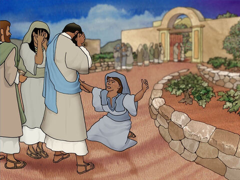 Kiedy Maria przyszła do Jezusa, upadła do Jego stóp i powiedziała: „Panie, gdybyś tu był, mój brat by nie umarł”. Kiedy Pan zobaczył ją razem z innymi płaczącymi, był głęboko poruszony, dlatego zapłakał. – Slajd 11
