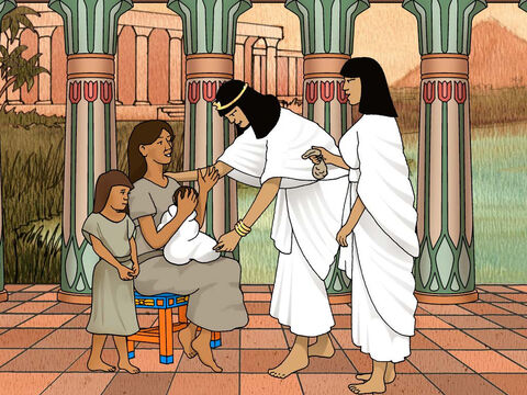 „Weź to dziecko – powiedziała księżniczka – i wykarm je, a ja ci za to zapłacę”. W ten sposób matka opiekowała się swoim dzieckiem aż podrosło. Wtedy przyprowadziła je do księżniczki, a ta wychowywała je jak syna. I nadała mu imię Mojżesz (co w języku egipskim oznacza „wyciągnięty”). Nazwała go tak, bo mówiła: „Wyciągnęłam go z wody” (Wyjścia 2:9–10). – Slajd 6