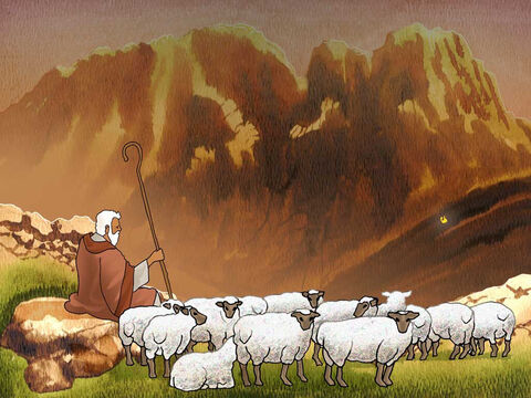 Po czterdziestu latach od ucieczki z Egiptu, kiedy  Mojżesz pasł owce swojego teścia, Jetro, kapłana Madianitów, pewnego dnia poprowadził stado poza pustynię i przybył do góry Horeb (Wyjścia 3:1). – Slajd 1