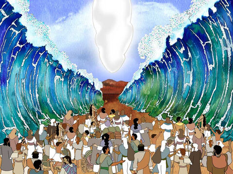 Mojżesz skierował rękę nad morze, Pan zesłał na nie potężny wschodni wiatr. Wody rozstąpiły się, a dno wyschło. Izraelici ruszyli środkiem morza, a wody stały murem po obu ich stronach (Wyjścia 14: 21b–22). – Slajd 4