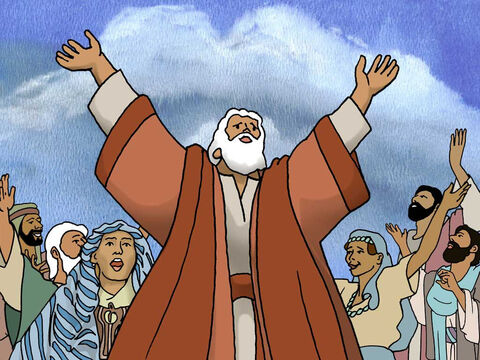 Mojżesz i wszyscy uratowani Izraelici zaśpiewali Panu pieśń, dziękując za Jego ratunek (Wyjścia 15:1–18). – Slajd 6