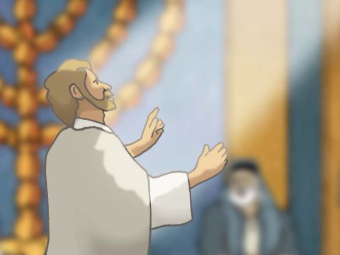 A on, będąc pełen Ducha Świętego, wpatrywał się w niebo i ujrzał chwałę Bożą oraz Jezusa stojącego po prawicy Boga. I rzekł: Oto widzę niebiosa otwarte i Syna Człowieczego stojącego po prawicy Boga. (Dzieje Apostolskie 7:55–56) – Slajd 5