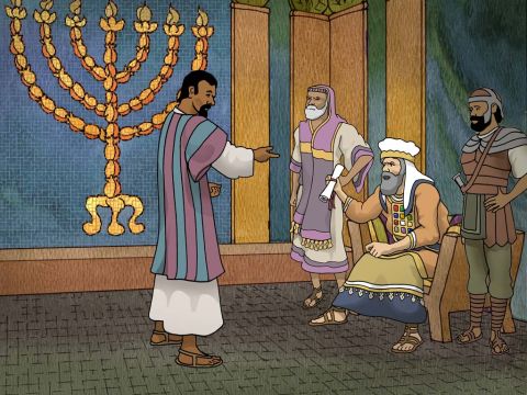Saul, wciąż grożąc śmiercią uczniom Pana, udał się do arcykapłana i poprosił go o listy do synagog w Damaszku, aby mógł przyprowadzić do Jerozolimy wszystkich, mężczyzn i kobiety, należących do wyznawców Drogi. (Dzieje Apostolskie 9:1–2) – Slajd 8