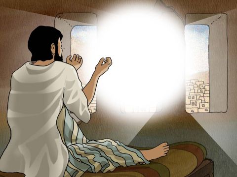 W Damaszku mieszkał pewien uczeń imieniem Ananiasz, do którego Pan przemówił w widzeniu: Ananiaszu!<br/>A on odpowiedział: Oto jestem, Panie. (Dzieje Apostolskie 9:10) – Slajd 12