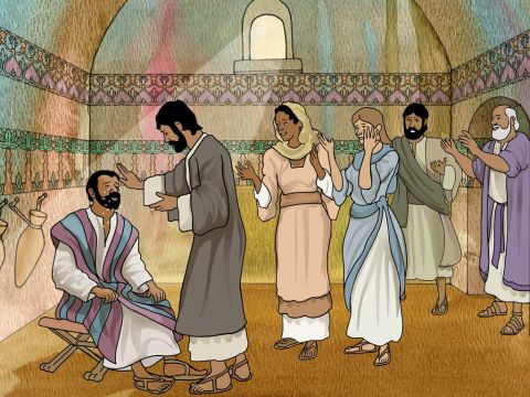I natychmiast spadło z jego oczu coś jak łuski i odzyskał wzrok, wstał i został ochrzczony; spożył pokarm i nabrał sił. (Dzieje Apostolskie 9:18, 19a) – Slajd 17