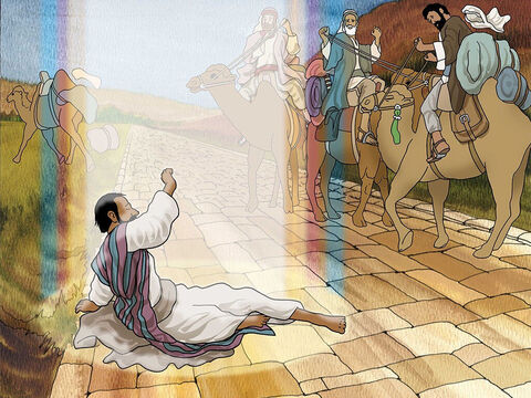 Nagle Bóg zatrzymał Saula podczas jego podróży i powiedział: „Szawle, Szawle, dlaczego Mnie prześladujesz?”. Saul (Szaweł) był dogłębnie wstrząśnięty. Stracił wzrok i jego towarzysze musieli zaprowadzić go do Damaszku (Dzieje Apostolskie 9:3–7). – Slajd 2