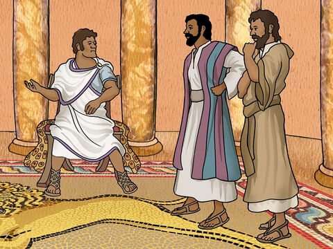 Kiedy przybyli do Pafos, zostali powitani przez rzymskiego władcę, Sergiusza Pawła. Był to człowiek inteligentny. Sergiusz Paweł chciał usłyszeć Dobrą Nowinę, którą dzielili się Paweł i Barnaba. – Slajd 13