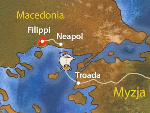 Paweł wiedział, że to było wolą Bożą, aby udali się do Macedonii, więc natychmiast wyruszyli w tym kierunku drogą, która wiodła przez morze i ląd. Paweł, Sylas i Tymoteusz przybyli do jednego z głównych rzymskich miast w Macedonii, Filippi. – Slajd 4