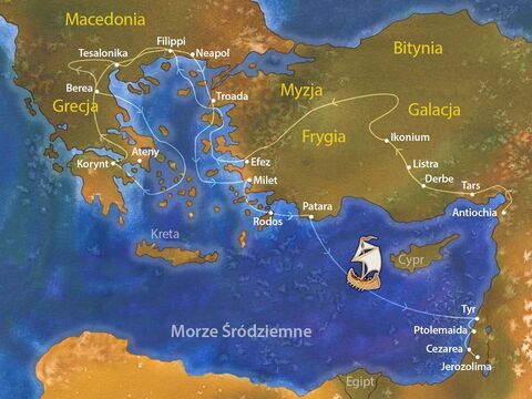 Po zwiastowaniu Ewangelii w wielu rejonach Macedonii i dzisiejszej Grecji, Paweł popłynął z powrotem do Izraela. Przepłynął obok Cypru, najpierw zatrzymał się w Tyrze, potem w Ptolemaidzie, a następnie w Cezarei (por. Dzieje Apostolskie 21:1–7). – Slajd 1