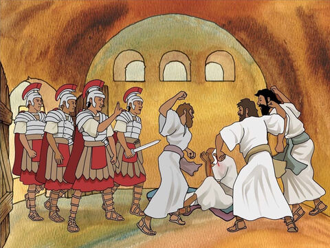 Tłum wyciągnął Pawła ze świątyni i chciał go zabić. Zgłoszono to kohorcie rzymskiej. Wielu ludzi w Jerozolimie było zdenerwowanych. Żołnierze szybko pobiegli, by uratować Pawła i zabrać go (por. Dzieje Apostolskie 21:30–32). – Slajd 5