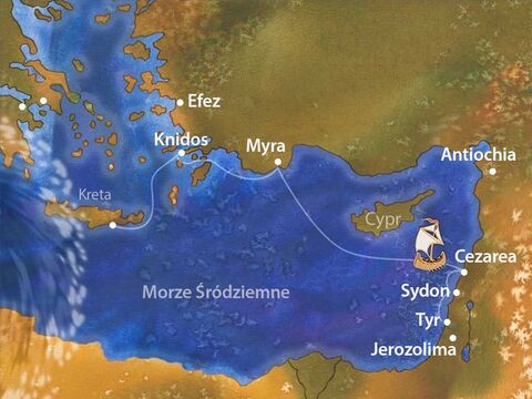 Wyruszyli z Cezarei i podróżowali przez Morze Śródziemne w kierunku Rzymu. Zbliżała się zima i czas sztormów. Tak było i tym razem. Statek walczył z wiatrem i kiepskimi warunkami żeglowania, aby powoli dostać się do miejsca zwanego Piękne Porty. – Slajd 2