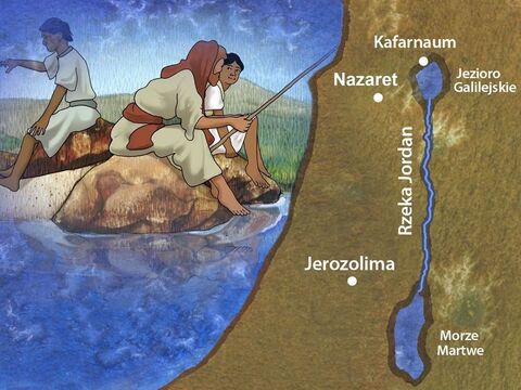 Kafarnaum leżało nad Jeziorem Galilejskim. To tutaj mieszkał Jezus. Miejscowość ta stała się to centralnym miejscem Jego służby. – Slajd 1