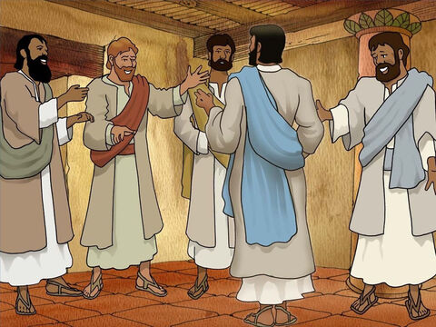 Wieczorem w zamkniętym pomieszczeniu Jezus nagle ukazał się uczniom i pobłogosławił ich. Wszyscy bardzo się cieszyli. Opowiedzieli o tym Tomaszowi, którego tam nie było. On jednak powiedział: „Nie uwierzę, jeśli nie zobaczę na własne oczy” (por. Jana 20:19–25). – Slajd 7
