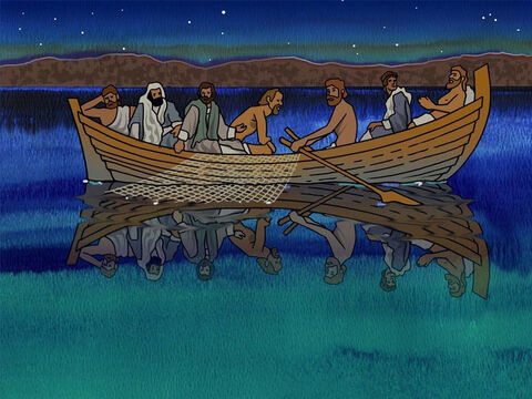 Nadszedł czas, aby uczniowie udali się do Galilei i czekali na Jezusa zgodnie z Jego poleceniem. Pewnej nocy Piotr zdecydował się wypłynąć na połów ryb na Jeziorze Galilejskim. Przyłączyli się do niego niektórzy uczniowie (por. Jana 21:1–3). – Slajd 9