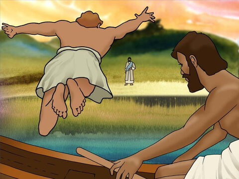 Wtedy Jan zdał sobie sprawę, że to Jezus na brzegu pouczył ich, co mają robić. Powiedział Piotrowi: „To jest Pan”. Piotr nie chciał czekać, aż dopłyną do brzegu, więc natychmiast zrzucił szatę, wskoczył do wody i popłynął do swego Pana (por. Jana 21:7). – Slajd 13