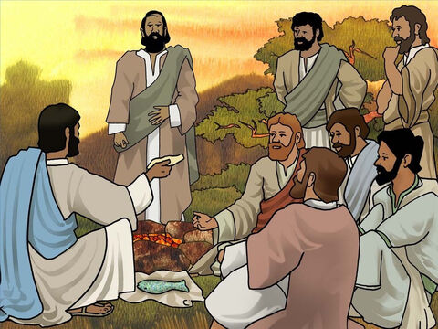 Kiedy wszyscy przybyli na ląd, Jezus powiedział im: „Chodźcie na śniadanie”. Jezus rozpalił wcześniej ognisko, na którym upiekł rybę i chleb. Potem zachęcił ich również, aby przynieśli kilka ryb, które złowili (por. Jana 21:9–14). – Slajd 14