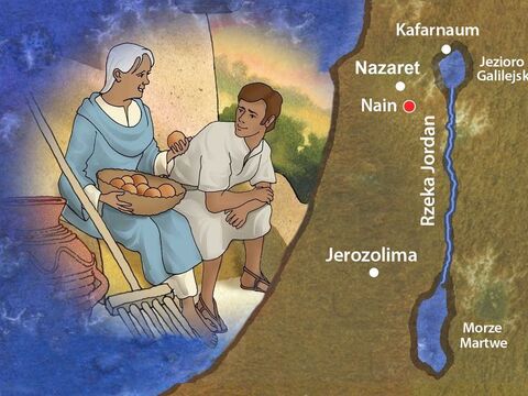 Jezus i Jego uczniowie udali się na południe, do wioski Nain. W języku hebrajskim Nain oznacza „zielone, piękne pastwiska”. Nain leżało około 40 km na południowy zachód od Kafarnaum. Mieszkał tam młody mężczyzna i jego owdowiała matka. – Slajd 1