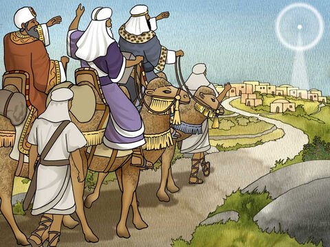 Po wysłuchaniu króla ruszyli w drogę, a oto gwiazda, którą widzieli na wschodzie, szła przed nimi, aż zatrzymała się nad miejscem, gdzie znajdowało się Dziecię. Gdy ujrzeli gwiazdę, bardzo się uradowali. (Mateusza 2:9–10) – Slajd 5