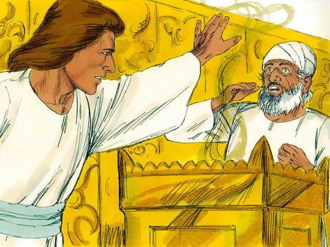 Pewnego razu, kiedy Zachariasz składał w świątyni ofiarę z kadzidła, ukazał mu się anioł Pański. Na jego widok Zachariasz przeraził się. – Slajd 2