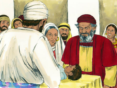 Elżbieta urodziła syna i po ośmiu dniach rodzina przyszła, aby go obrzezać. Chcieli mu nadać imię Zachariasz, po ojcu. Elżbieta jednak zaprotestowała: „Nie, on będzie miał na imię Jan!”. „Przecież nie było nikogo o takim imieniu w twojej rodzinie” – dziwili się ludzie. – Slajd 8